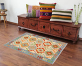 Flat Weave Kilim Antique Navaho Vintage handmade Geometric Kilim Beige Blue Hand-Woven Rectangle 100% Wool Area Rug 3x5